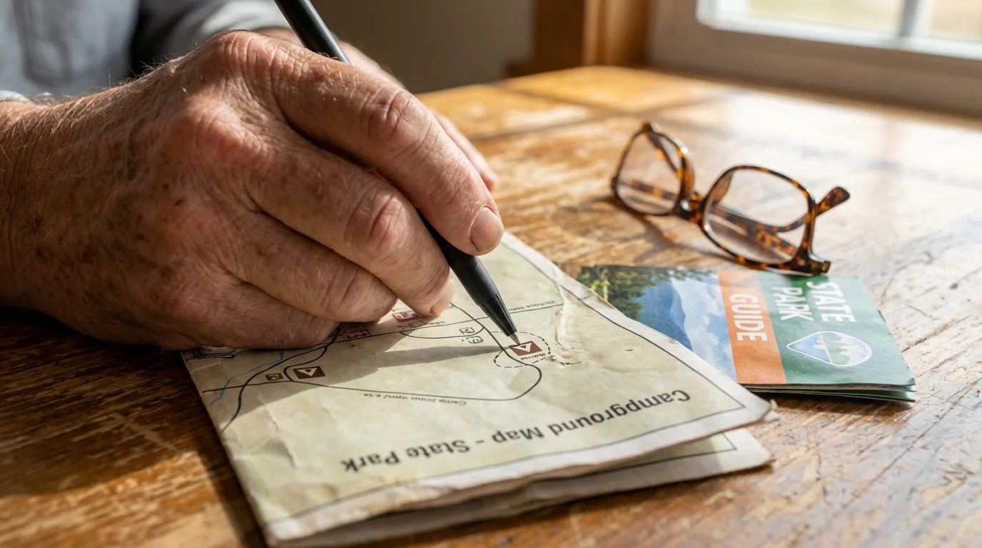 Close-up of a senior's hand with a pen planning a camping trip on a map.