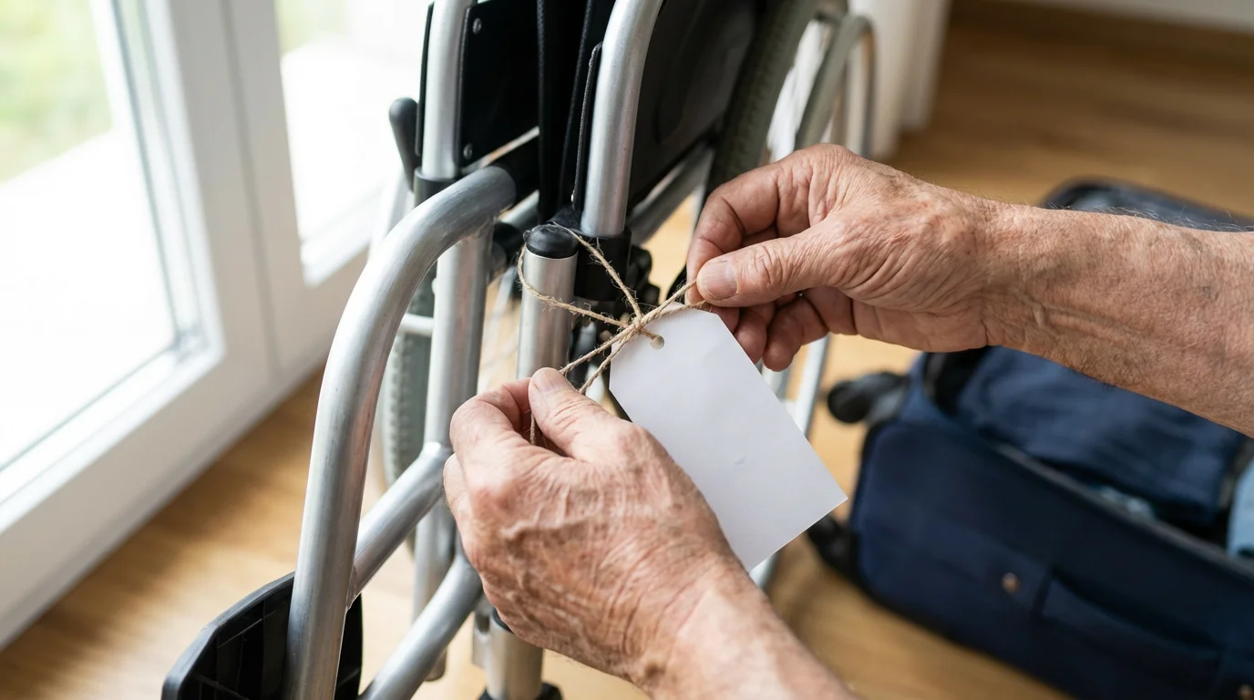 Close-up of a senior's hands attaching a luggage tag to a folded travel wheelchair.
