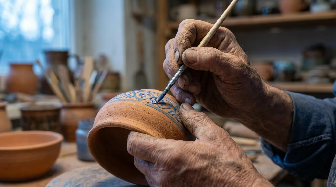 Close-up of a senior's hands carefully painting a detailed pattern on a clay bowl.