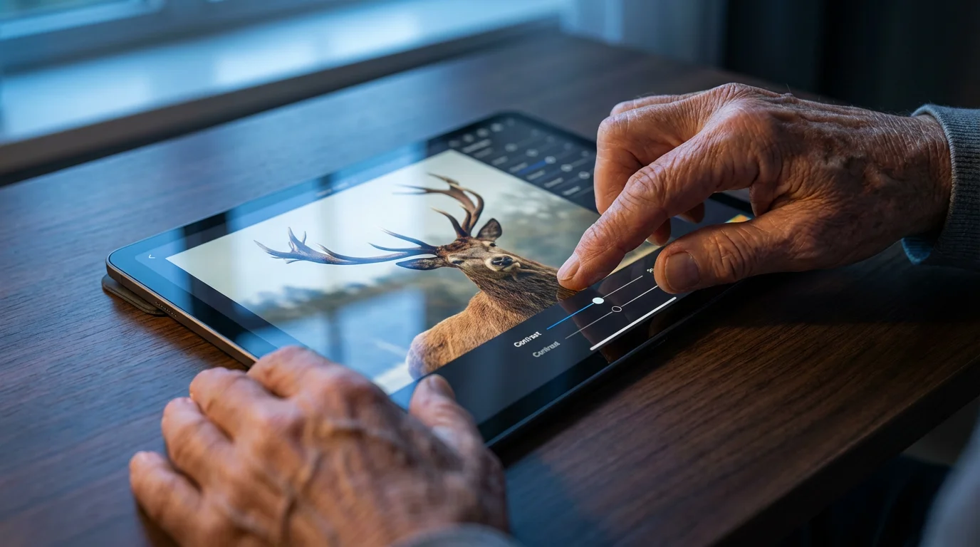 Close-up of a senior's hands editing a wildlife photograph of a stag on a tablet.