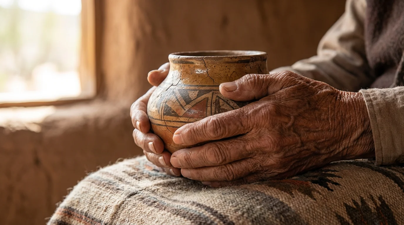 Close-up of a senior's hands gently holding a small, handcrafted piece of Native American pottery.
