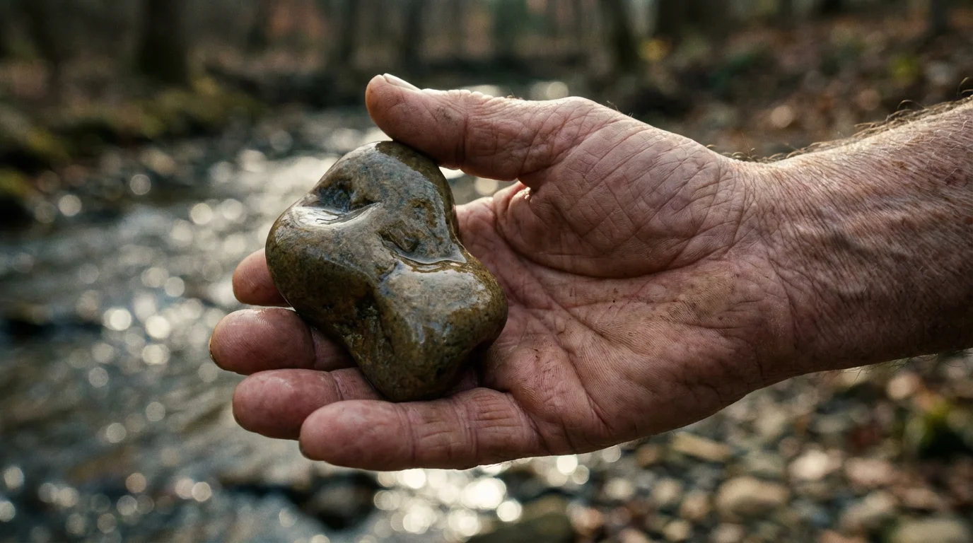 Close-up of a senior's weathered hand holding a smooth, unique stone by a creek.