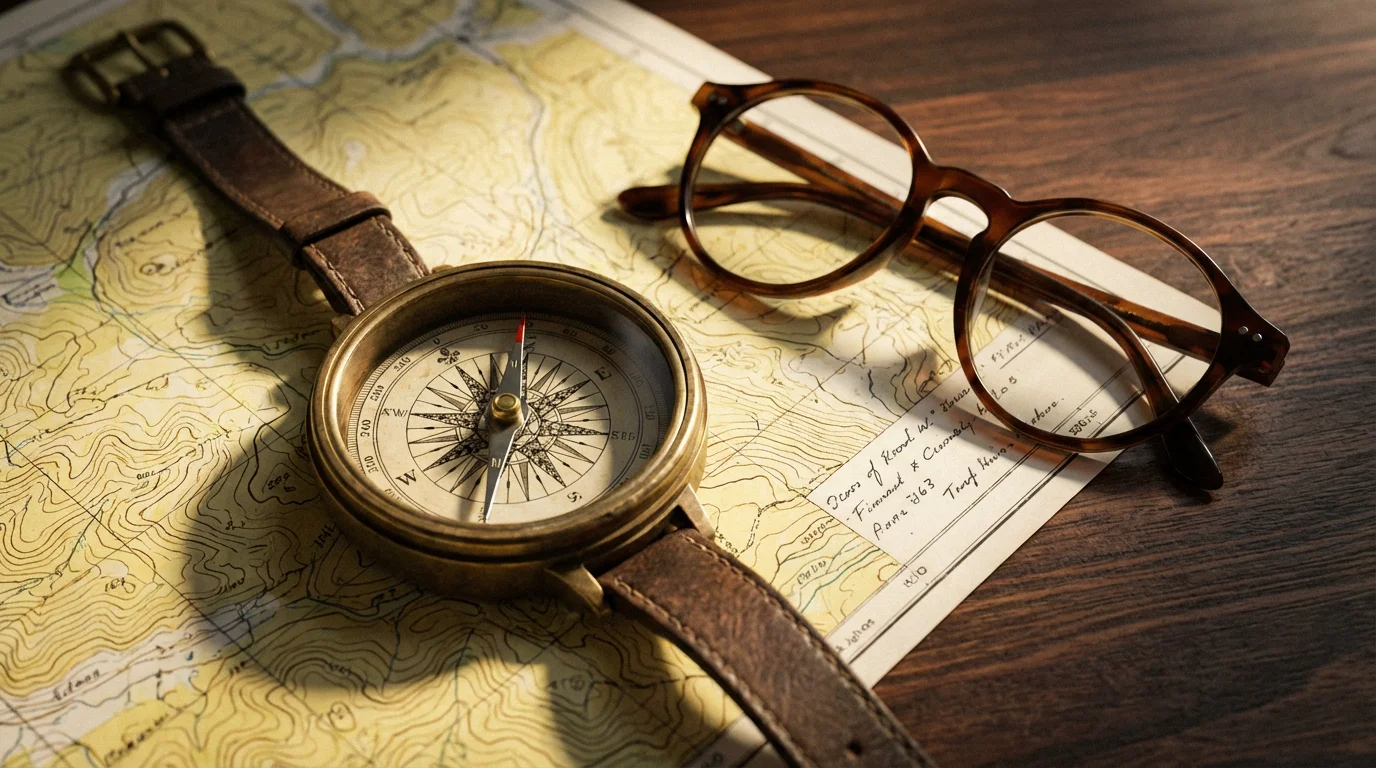 Close-up of a vintage compass and reading glasses on a topographical map for planning.