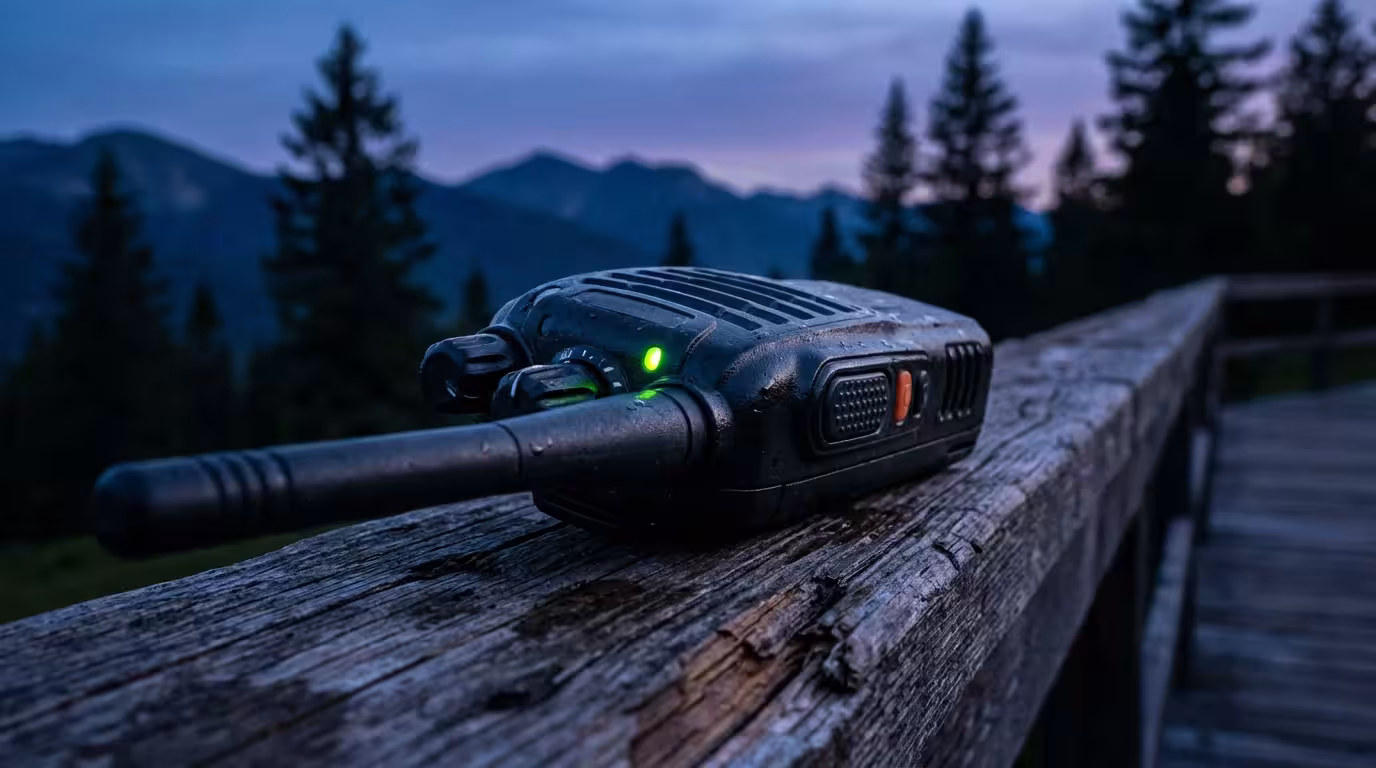 Close-up of a walkie-talkie on a wooden railing during twilight in a park.