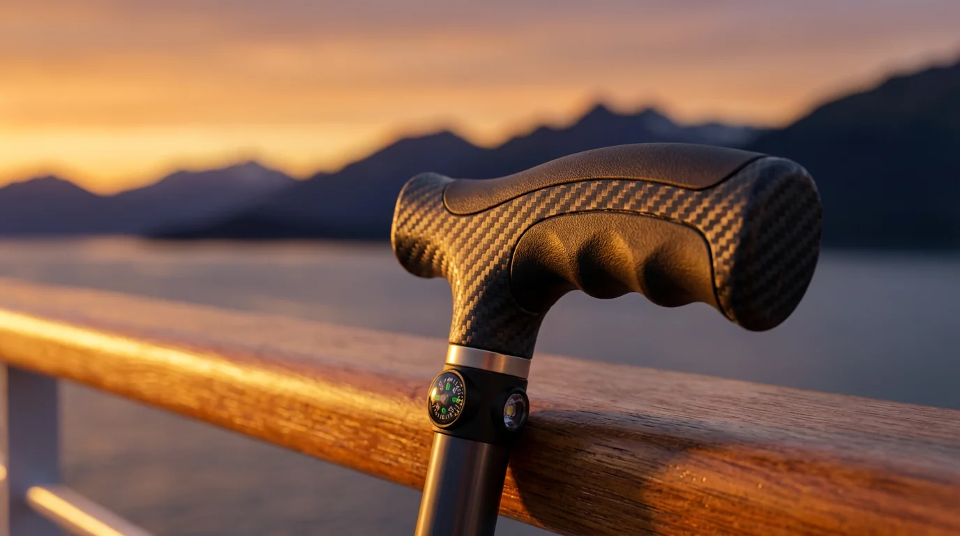 Close-up of a walking cane handle against a cruise ship railing at sunset.