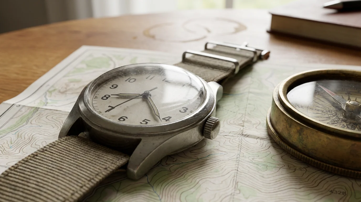 Close-up of a watch and compass on a map, symbolizing strategic outdoor planning.