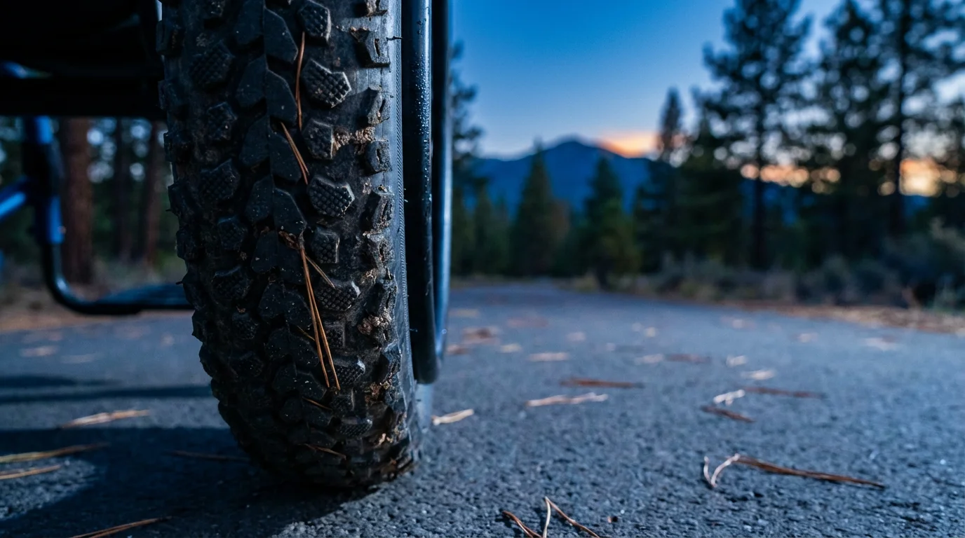 Close-up of a wheelchair wheel on an accessible paved trail in a national park.