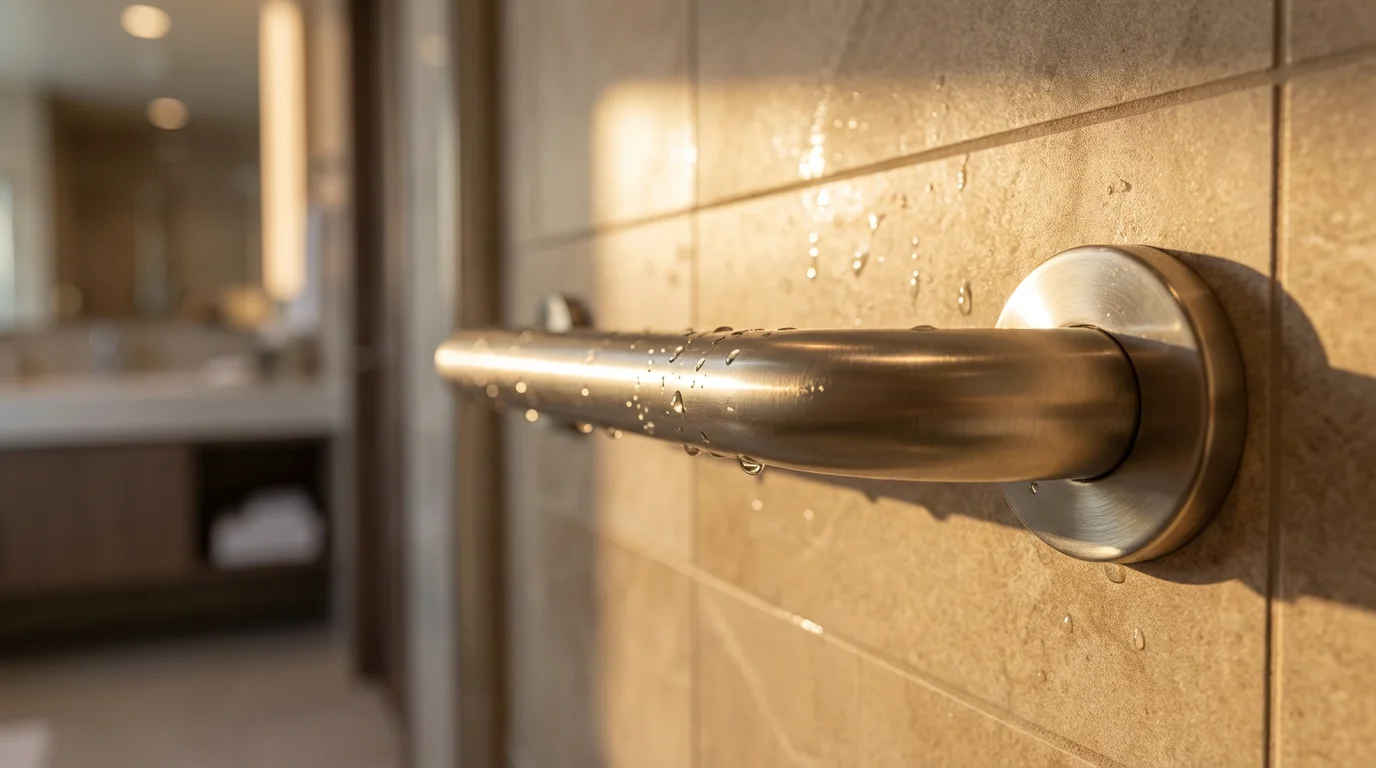 Close-up of an accessible grab bar in a warm, sunlit cruise ship shower.