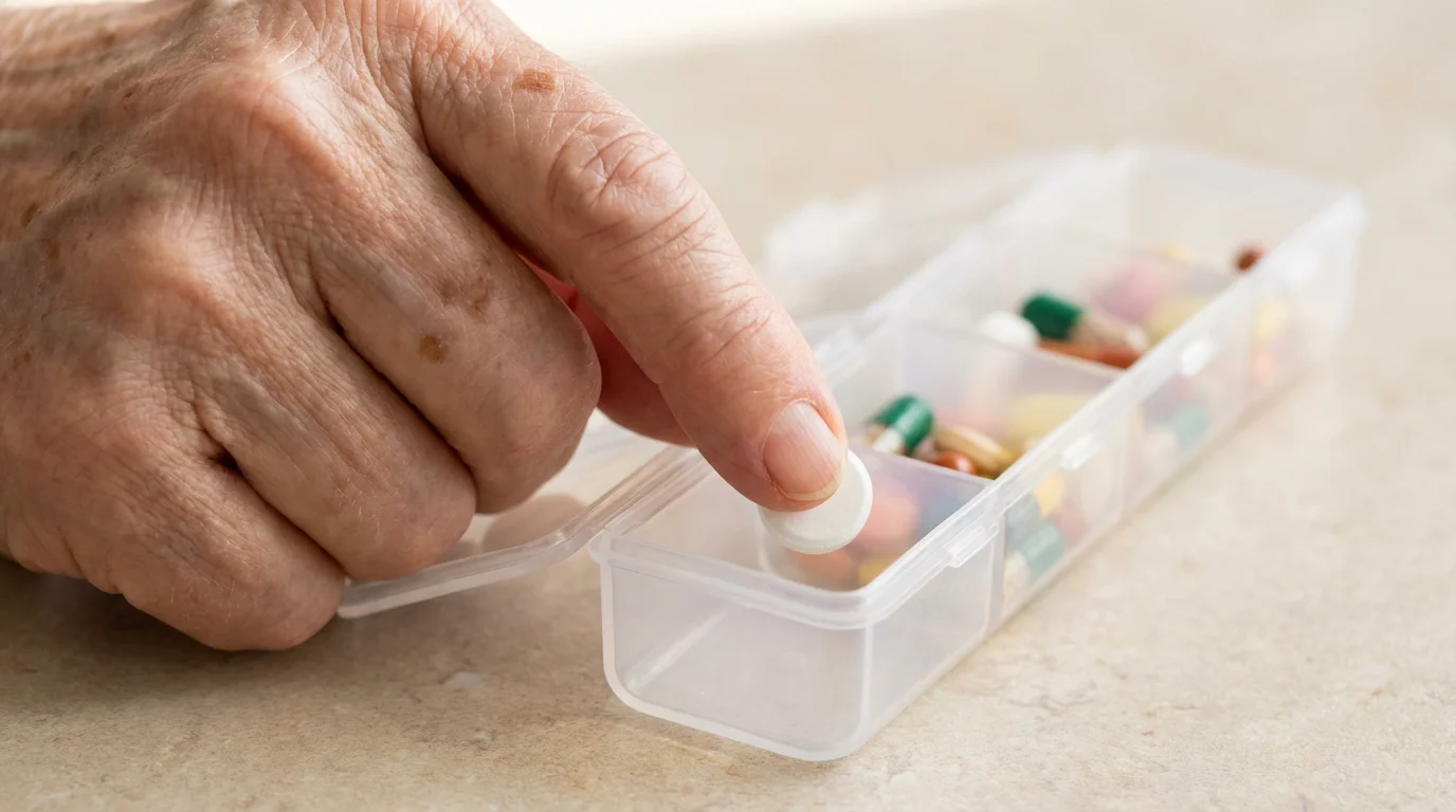 Close-up of an elderly hand organizing daily vitamins into a pill container for travel.