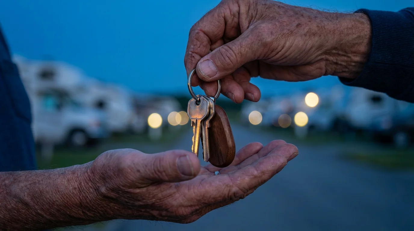 Close-up of an older person's hands giving RV keys to another person at twilight.