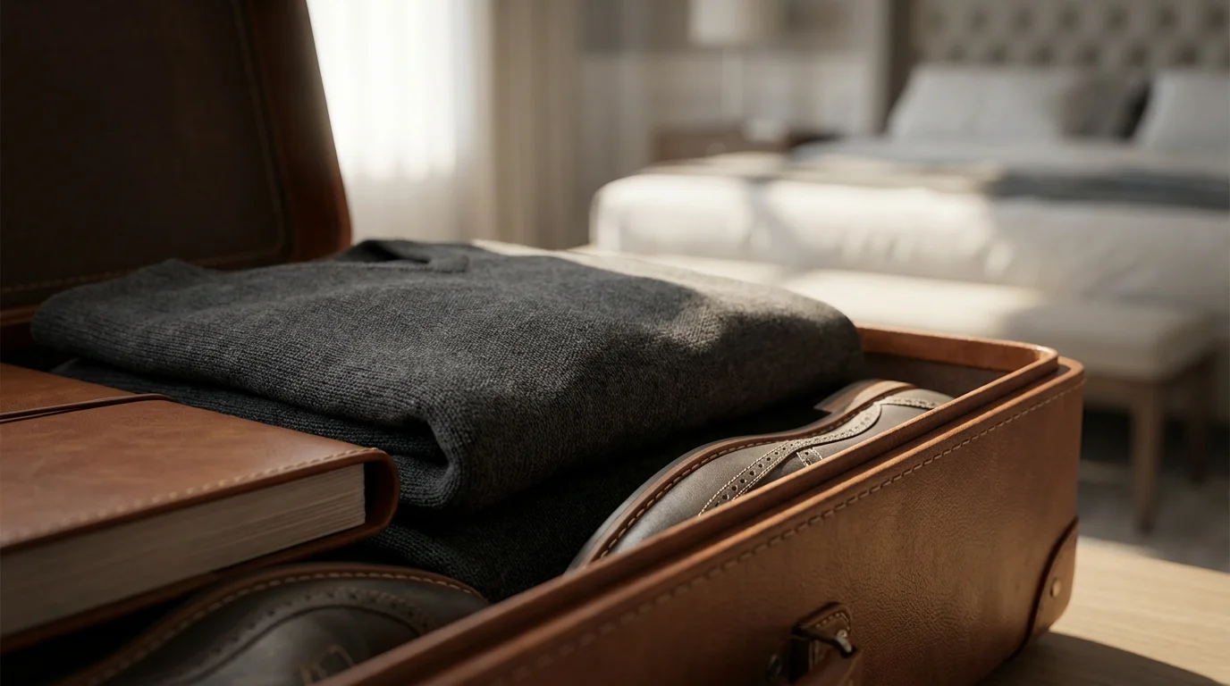 Close-up of an open suitcase with neatly packed clothes and shoes for travel.