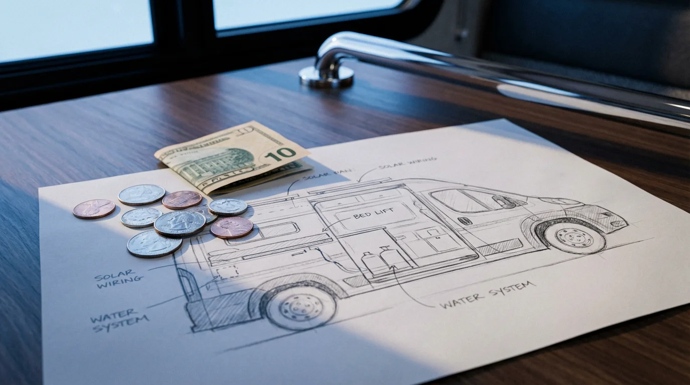 Close-up of coins and a sketch for an RV accessibility modification project at dusk.