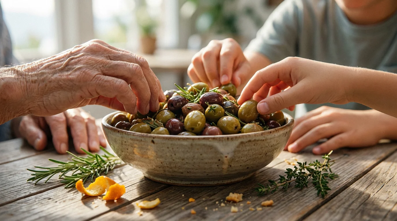 Close-up of diverse hands sharing a bowl of olives in natural window light.