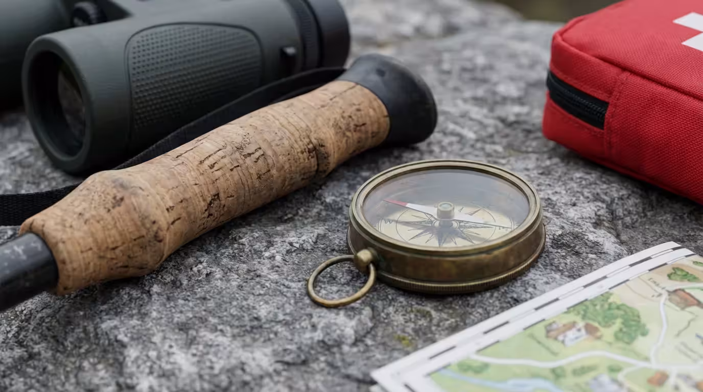 Close-up of essential hiking gear like a compass and trekking pole on a rock.