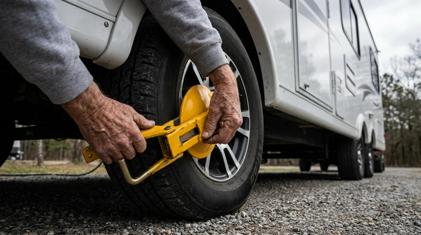 Close-up of hands applying a heavy-duty yellow wheel clamp to a modern RV tire.