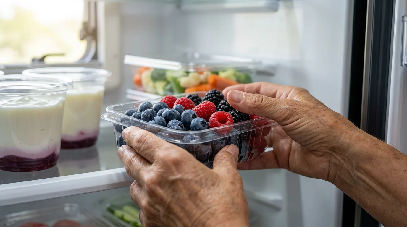 Close-up of hands stocking fresh mixed berries in a clean RV refrigerator shelf.