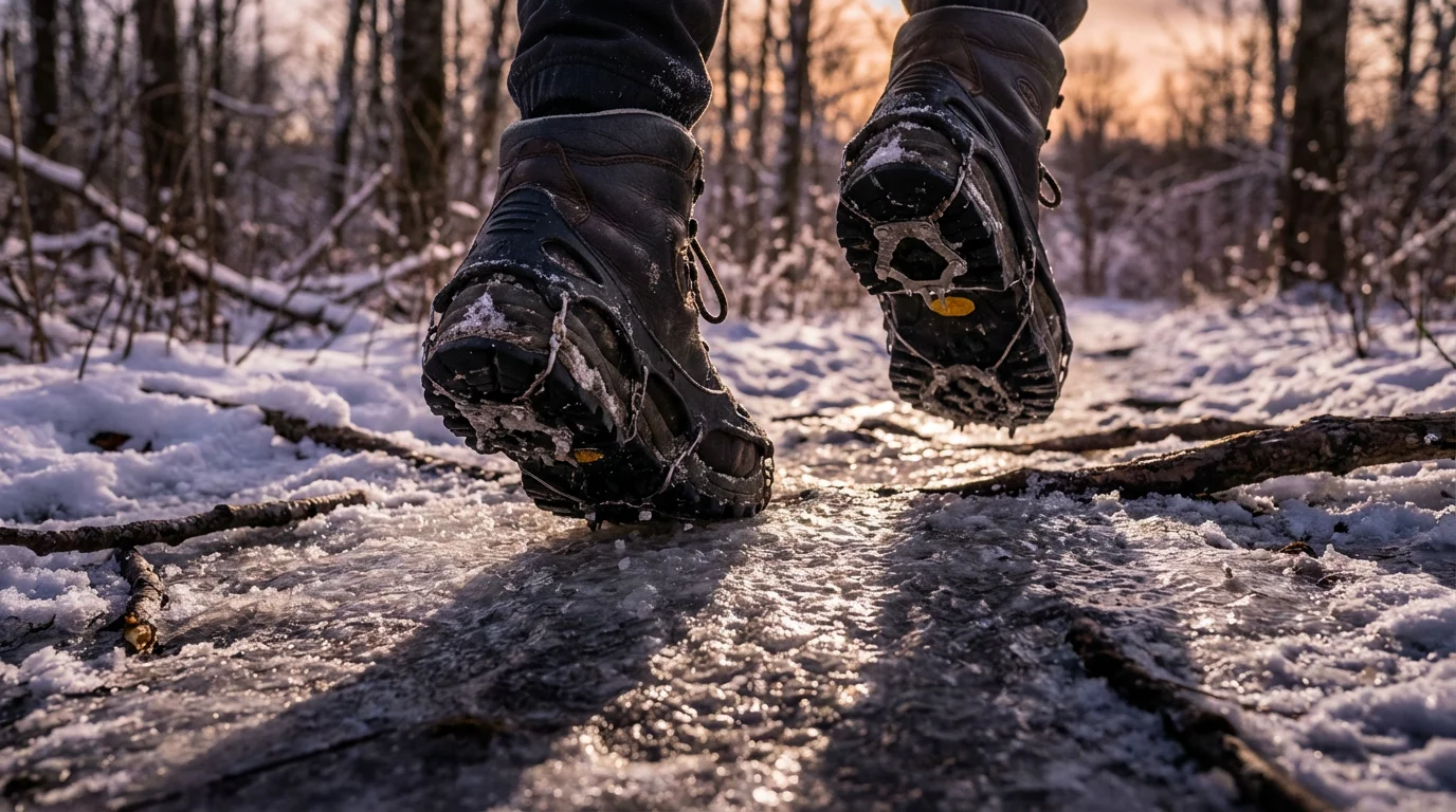 Close-up of hiking boots with microspikes providing traction on a snowy, icy trail.