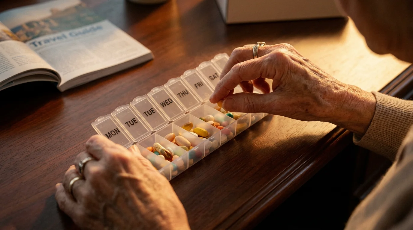 Close-up of older hands organizing daily medications into a pill box for travel.