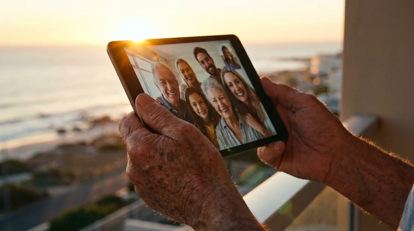 Close-up of senior hands holding a tablet showing a family video call at sunset.