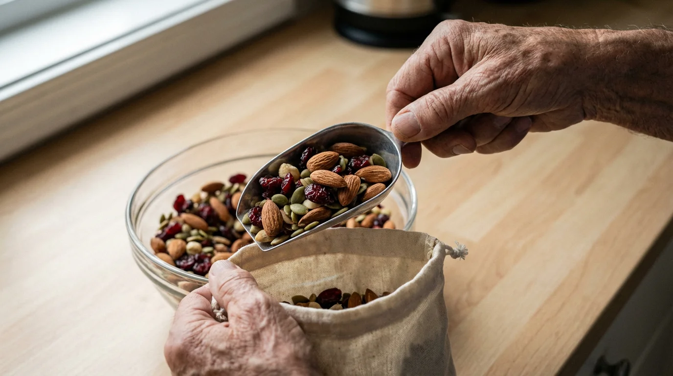 Close-up of senior hands preparing healthy trail mix for a hike by a window.