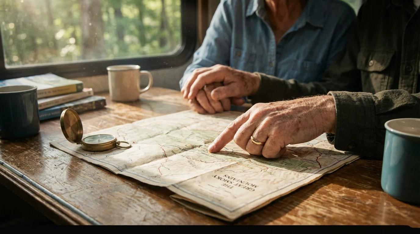 Close-up of senior hands with a wedding ring planning a route on an RV map.