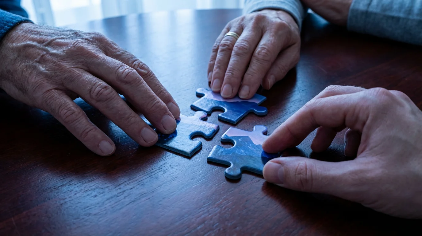Close-up of three different hands putting together a jigsaw puzzle on a wooden table.