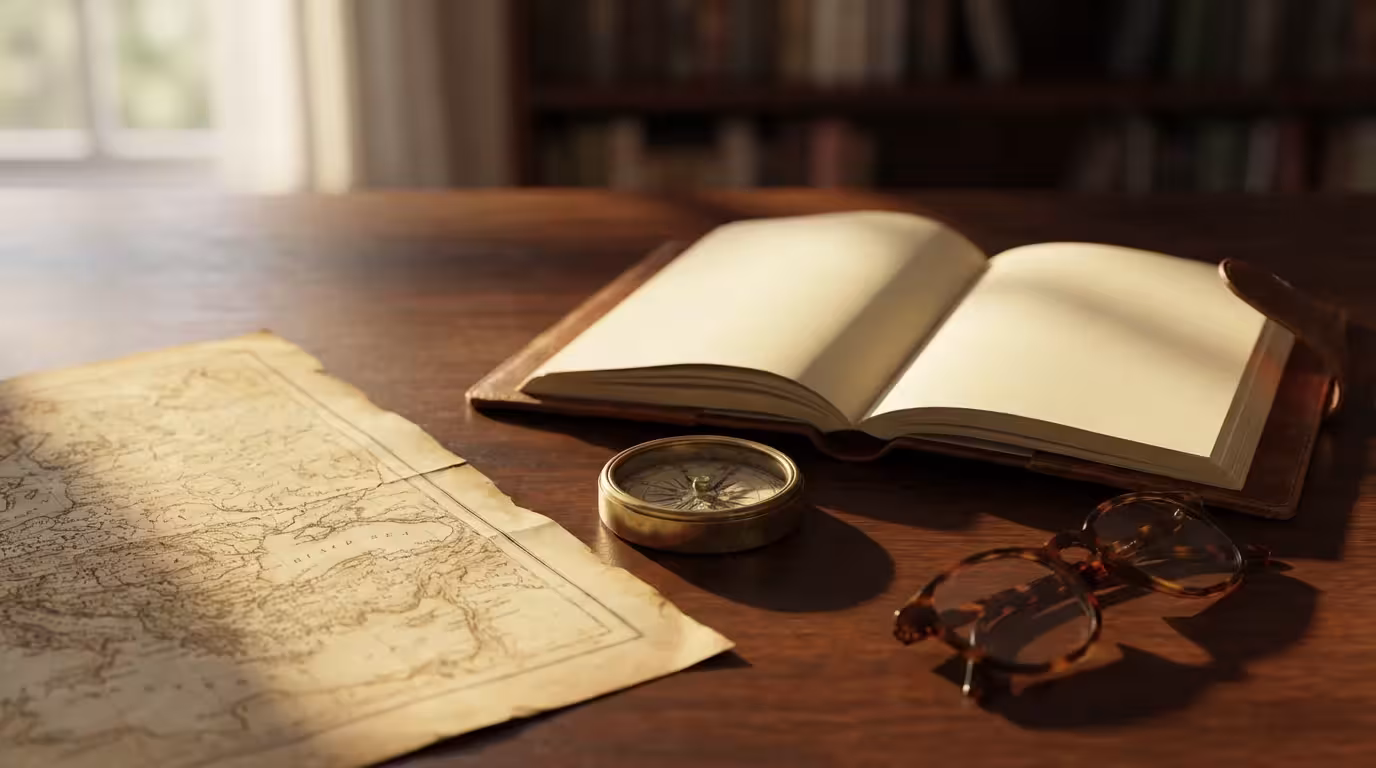 Close-up of travel planning items including a map, compass, and journal on a desk.