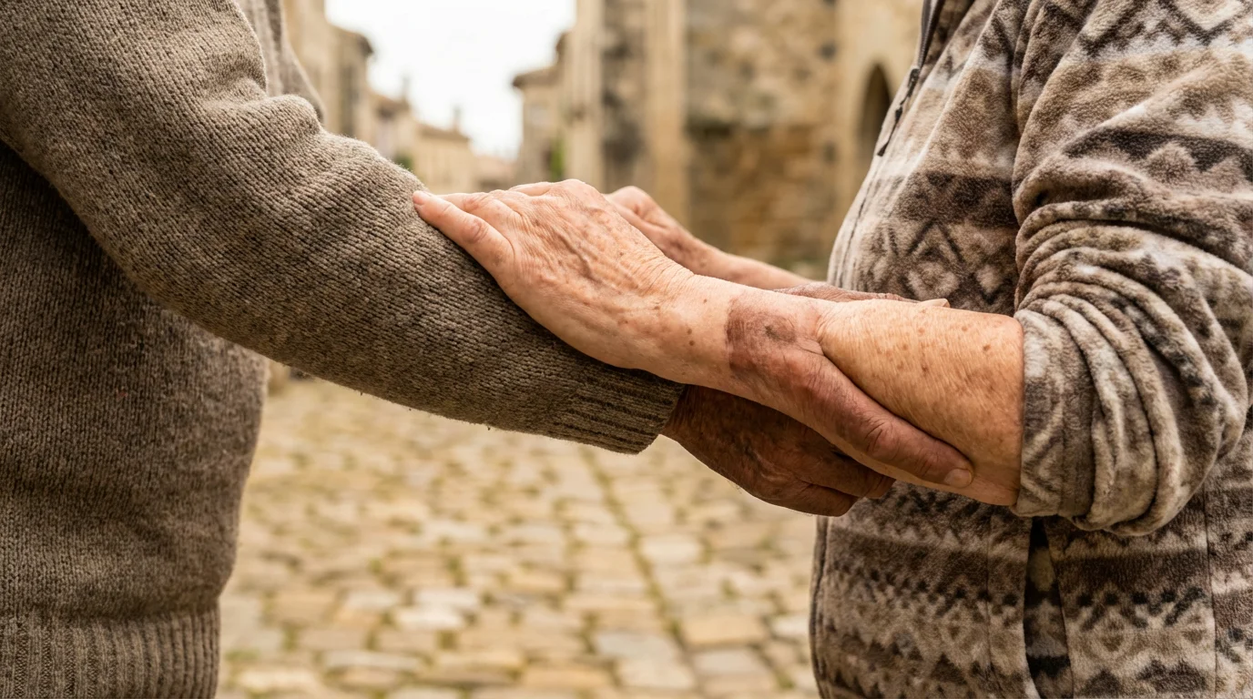 Close-up of two diverse seniors' arms linked in friendship while walking together on a path.