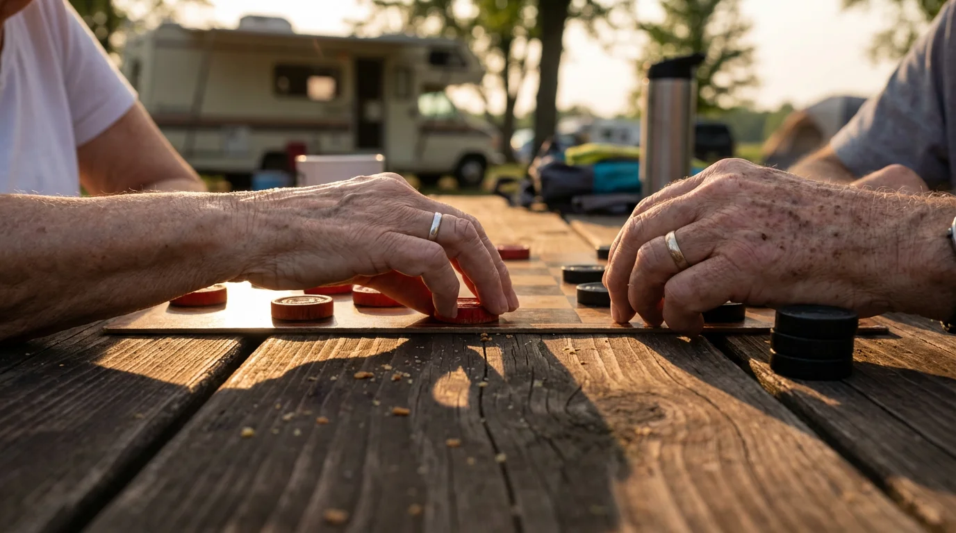 Close-up of two seniors' hands playing a friendly game of checkers outdoors at a campsite.