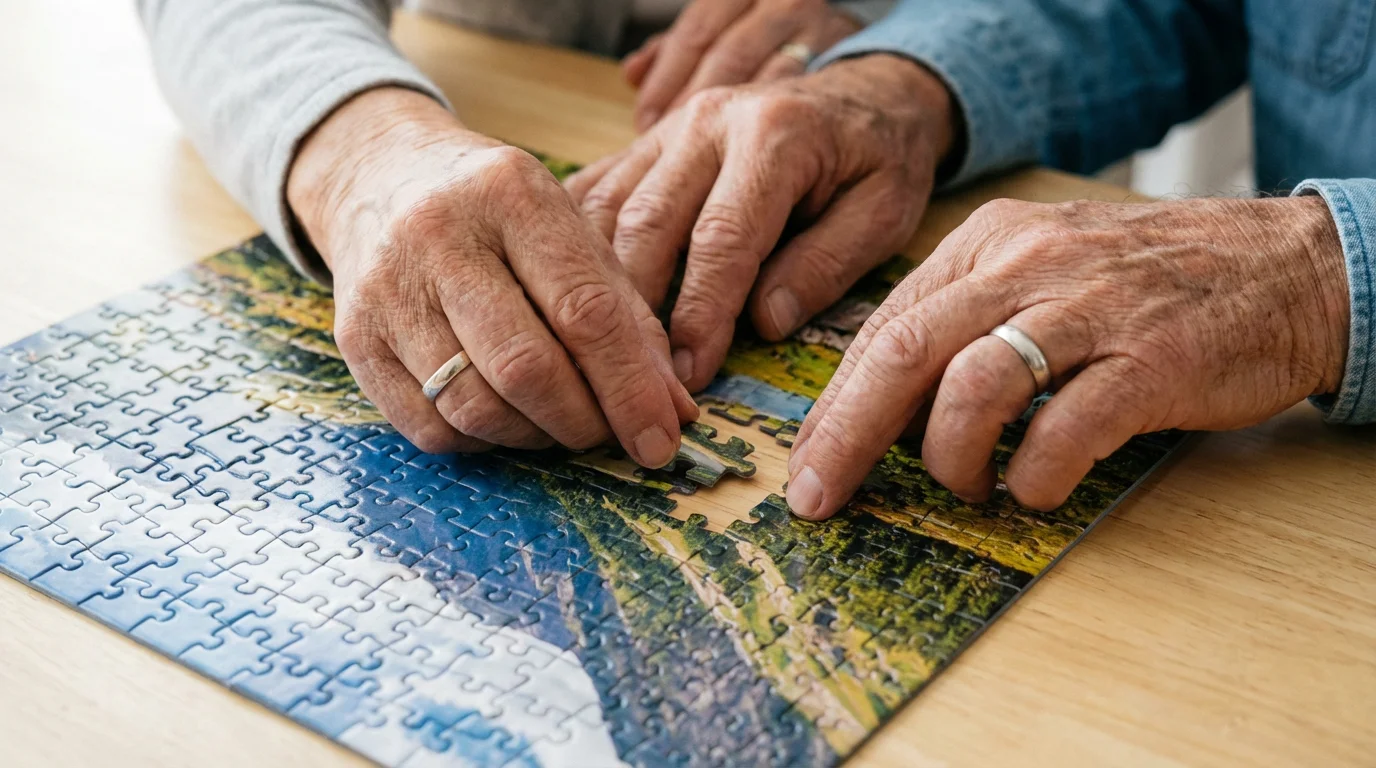 Close-up of two seniors' hands putting the final piece in a jigsaw puzzle.
