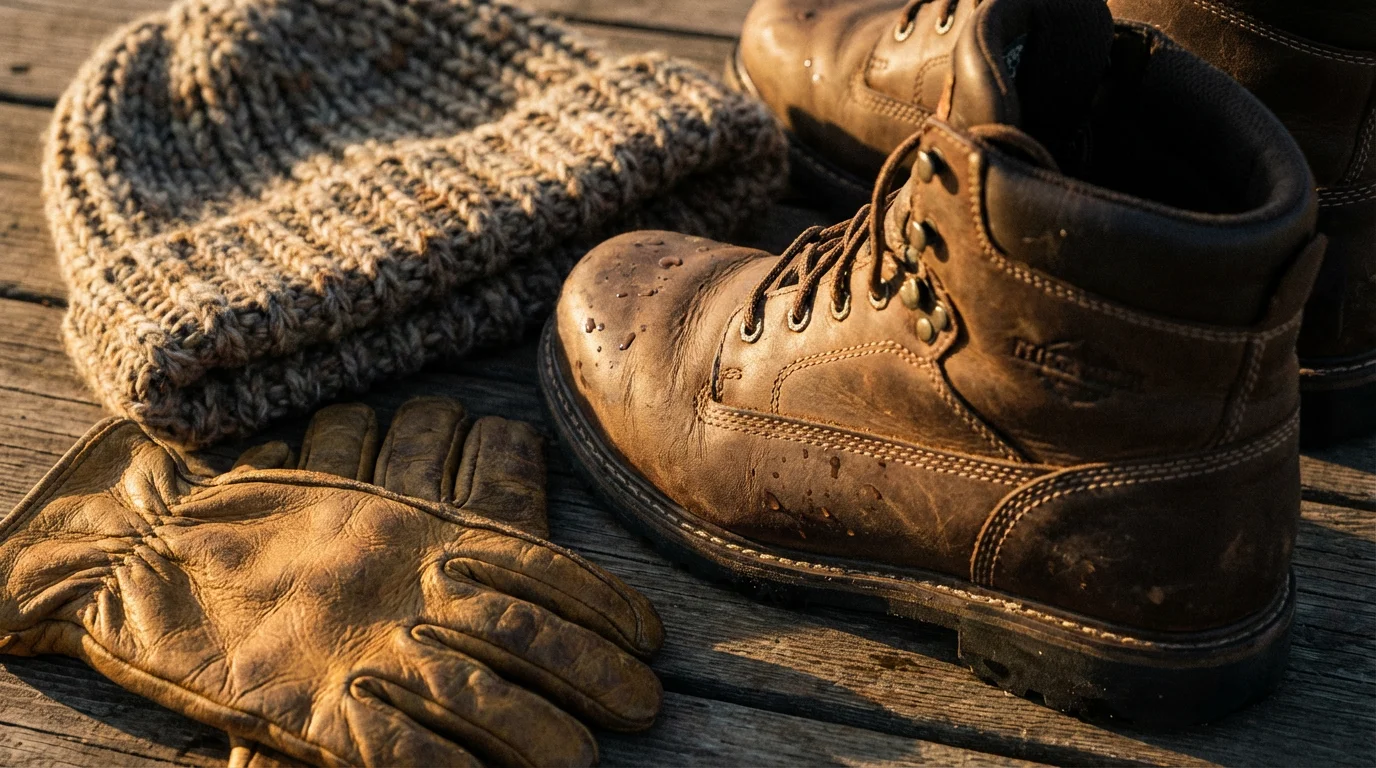 Close-up of waterproof hiking boots, a wool beanie, and gloves for an Alaska trip.