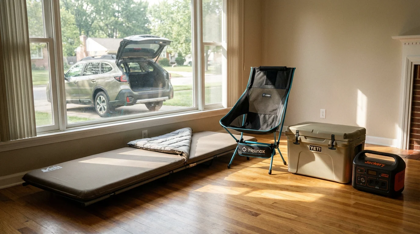 Comfort-focused camping gear, including a cot and chair, organized inside a sunlit room.