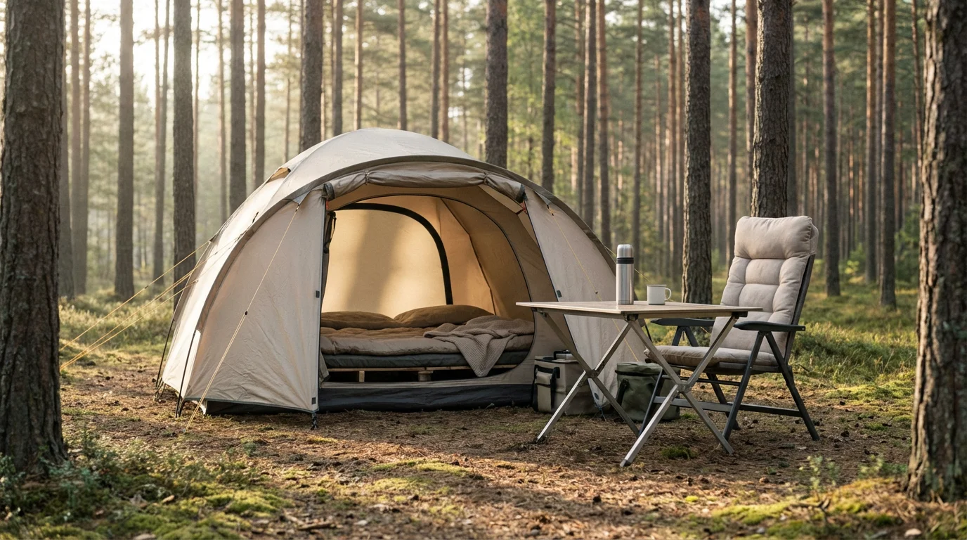 Comfortable camping gear, including a chair and tent, set up at a peaceful forest campsite.