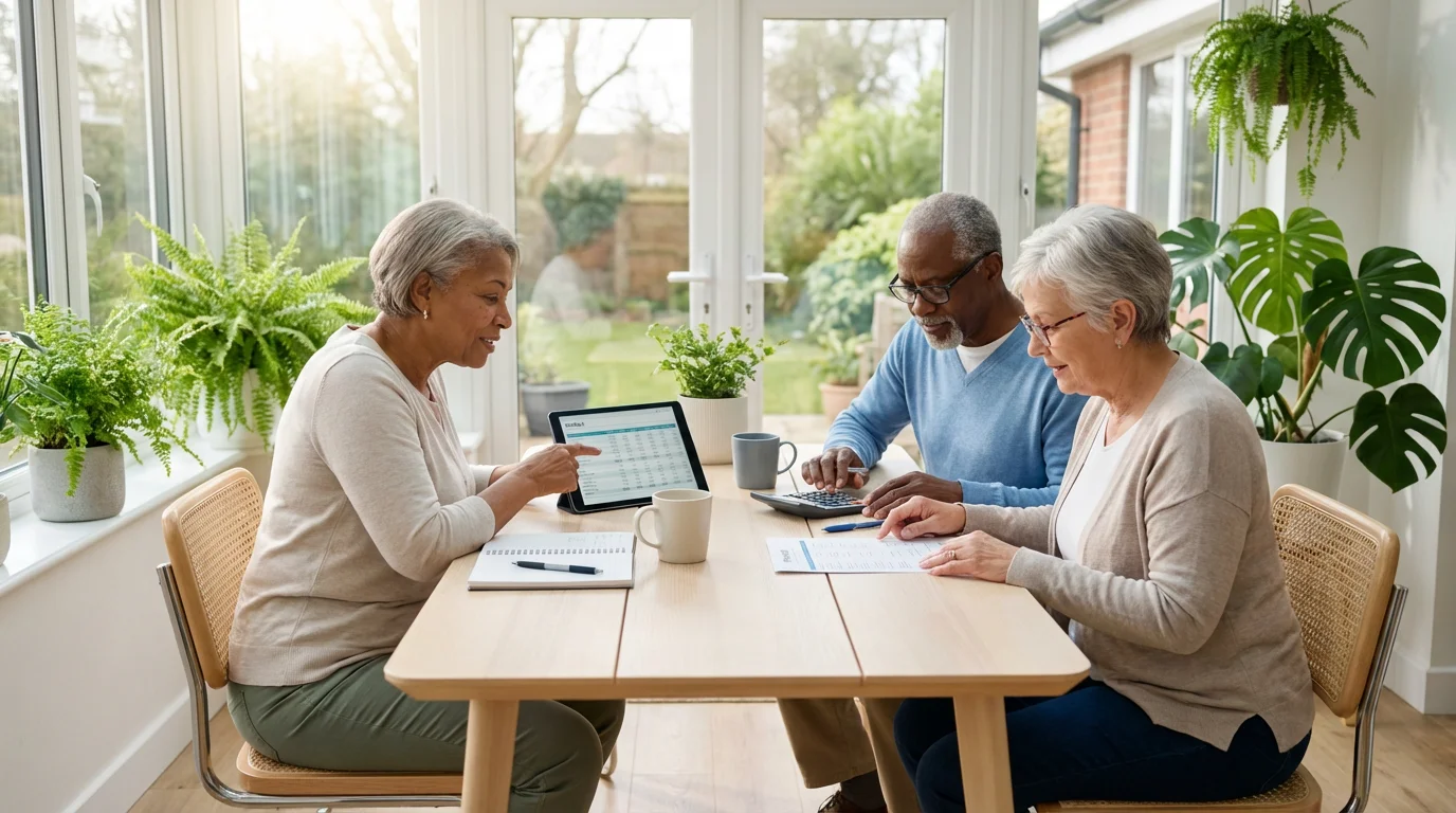 Diverse group of seniors at a sunlit table budgeting for a group tour.