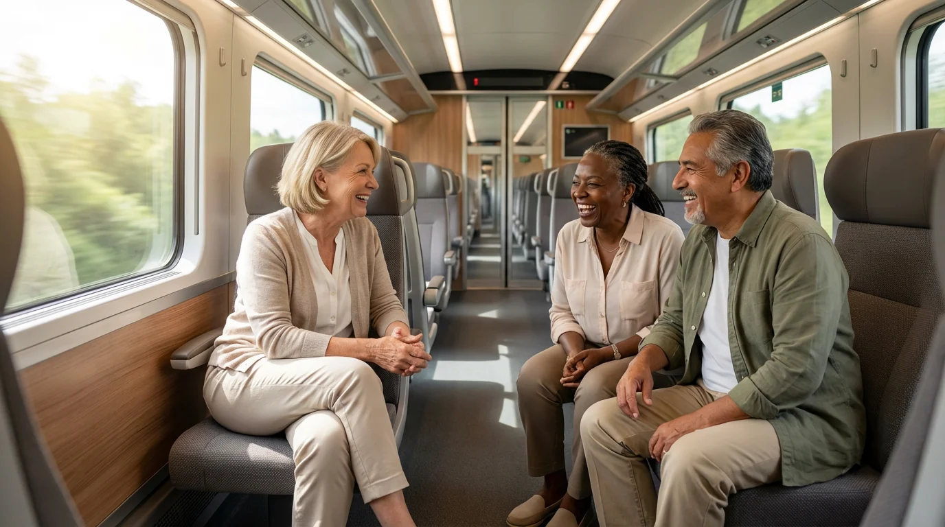 Diverse senior friends laughing and conversing together on a bright, modern passenger train.