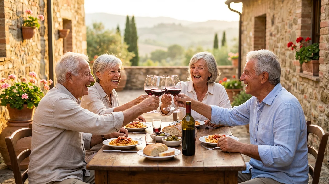 Diverse senior travelers laughing and toasting with wine at a rustic table in Tuscany.