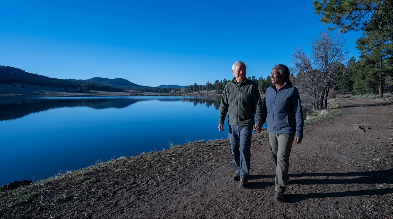 Elderly couple enjoying a peaceful and healthy nature walk by a lake at twilight.