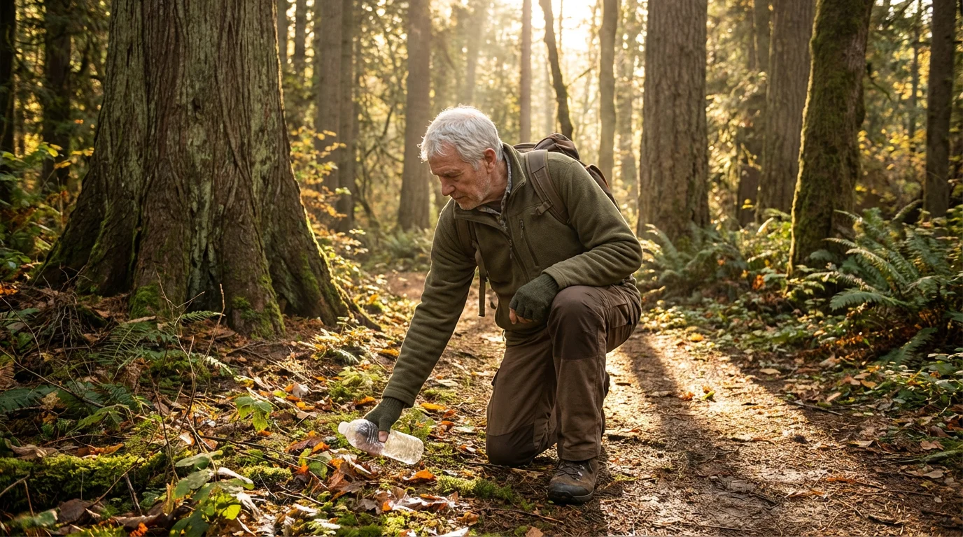 Elderly man in hiking gear picking up a plastic bottle on a forest trail.