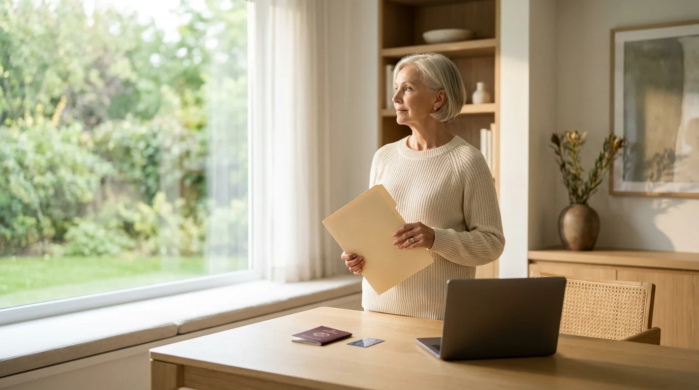 Elegant senior woman in a bright, modern home office, calmly prepared for travel.