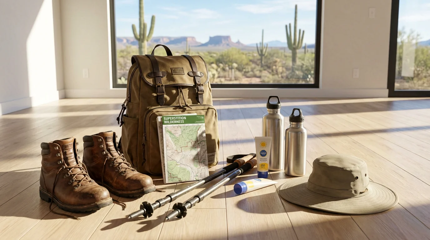 Essential hiking gear for an Arizona trip laid out on a wooden floor by a window.