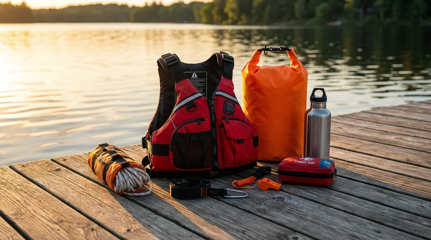 Essential kayaking safety gear like a PFD and dry bag on a dock at golden hour.