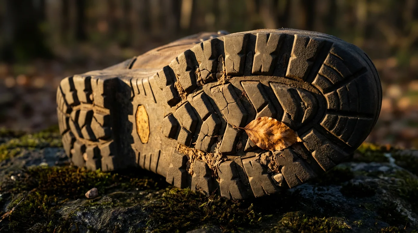 Extreme close-up macro photo of a muddy hiking boot sole on a mossy rock.