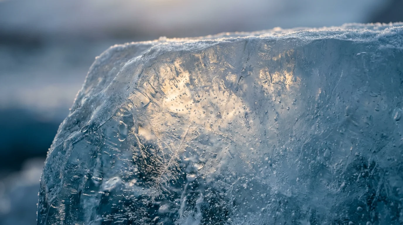 Extreme close-up macro photograph of ancient glacial ice showing crystalline textures and deep blue.