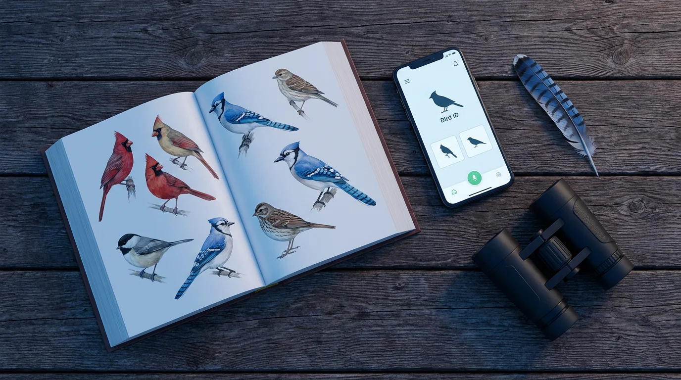 Flat lay of a bird field guide, binoculars, and smartphone on a wooden surface.