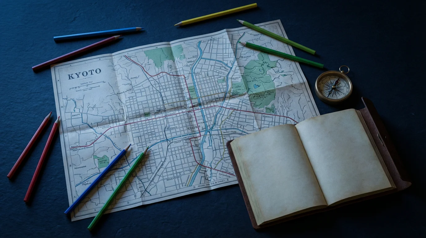 Flat lay of a city map, compass, and colored pencils during blue hour.
