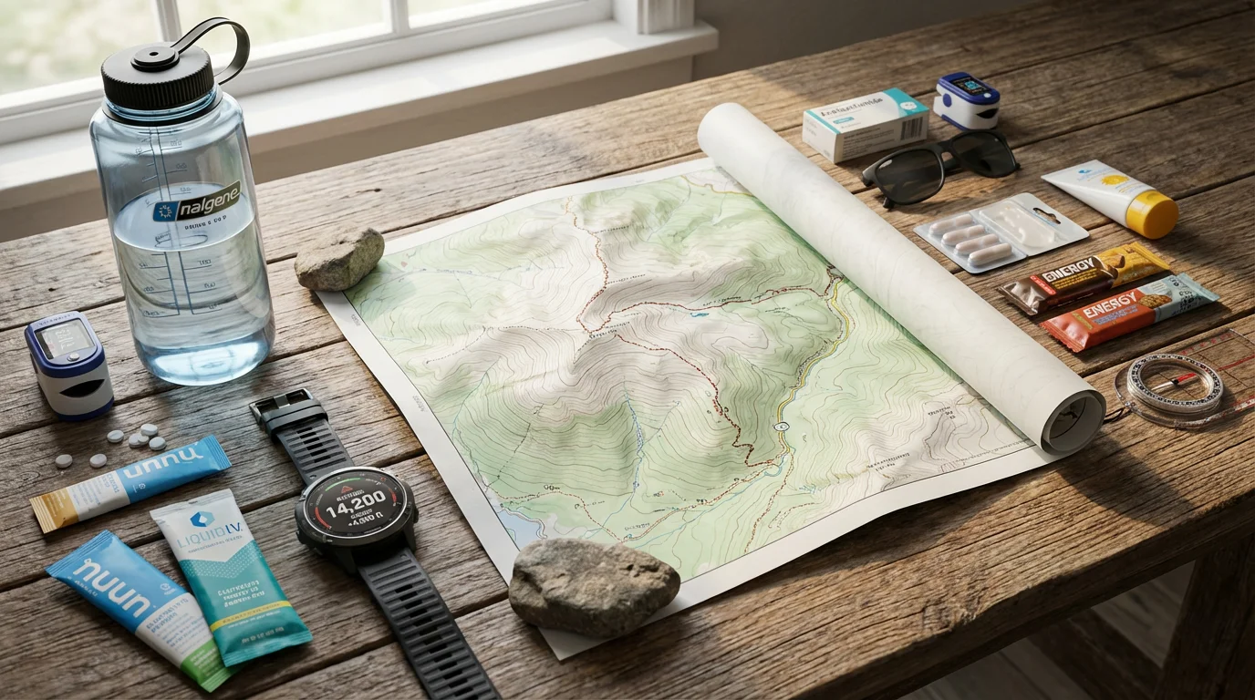 Flat lay of a hiking map, water bottle, and electrolytes for altitude sickness prevention.