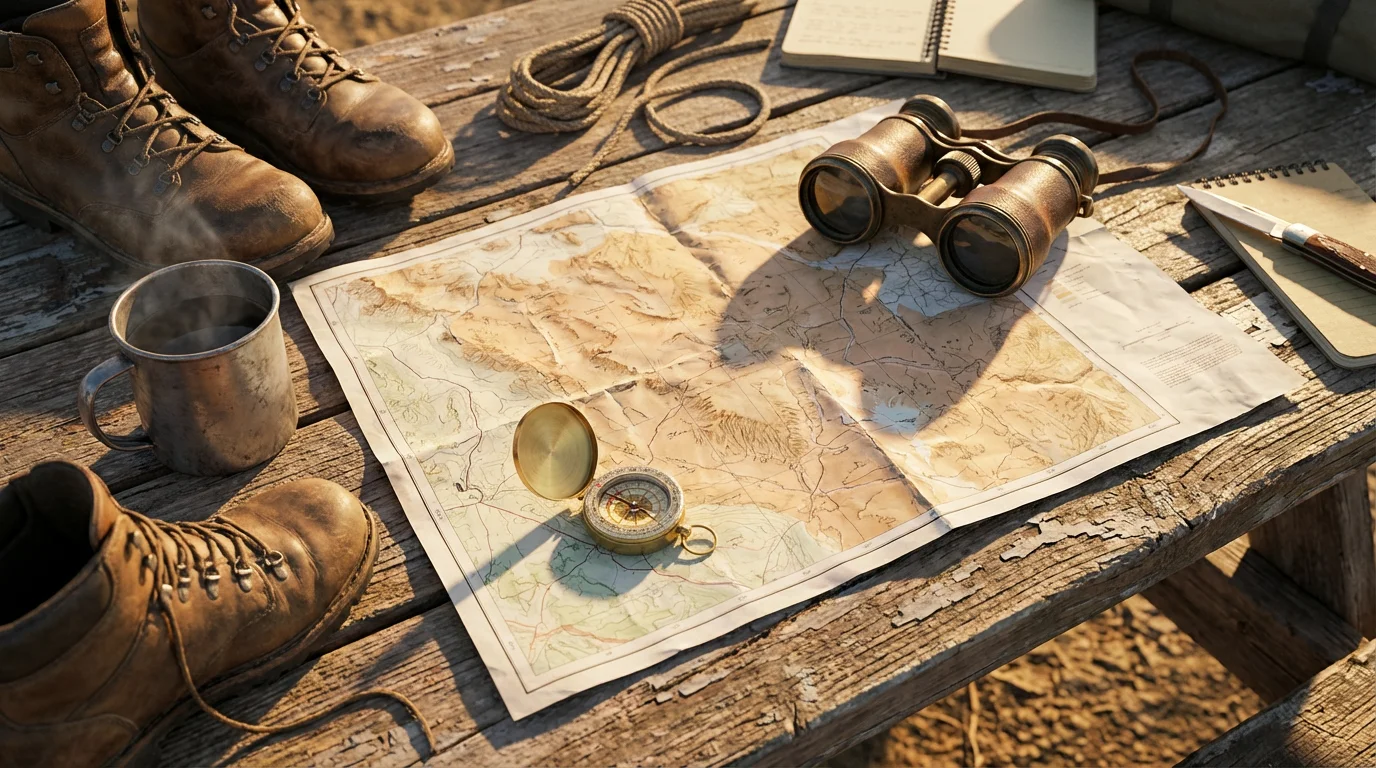 Flat lay of a map, compass, binoculars, and hiking boots for planning a trip.