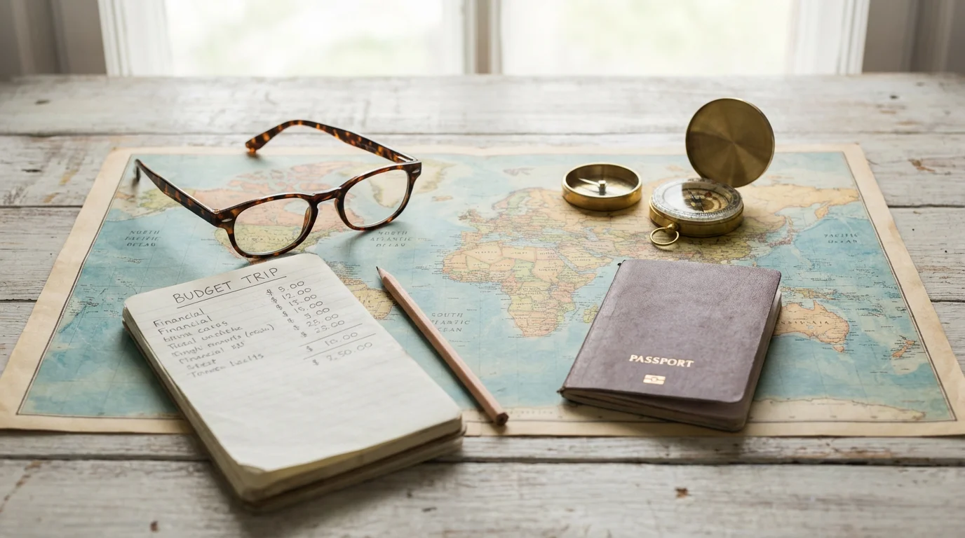 Flat lay of a map, passport, reading glasses, and compasses for senior travel budgeting.