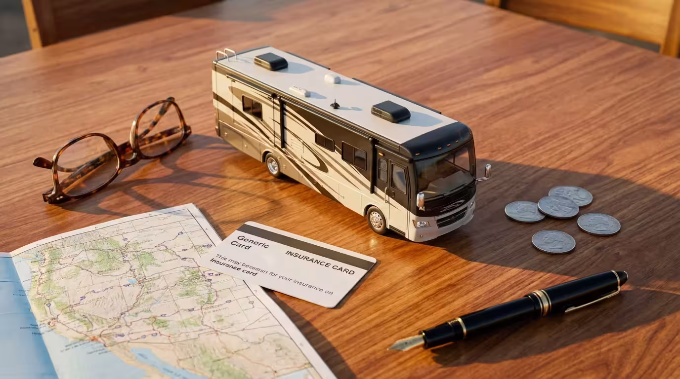 Flat lay of a miniature RV, map, insurance card, and glasses for senior travel planning.