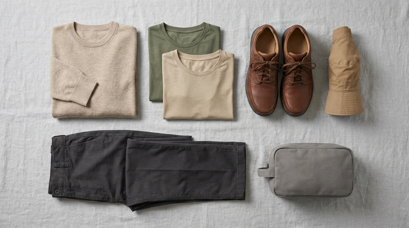 Flat lay of a minimalist travel capsule wardrobe with versatile clothing and walking shoes.